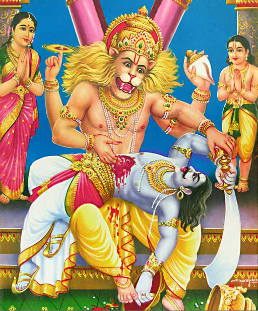 L'Homme-Lion Narasimha qui adopta cette forme mi humaine mi animale afin de pouvoir vaincre le démon Hiranyakshashipu qui ne pouvait être tué ni par un homme ni par un animal suit à un don d'invincibilité que Brahma lui avait accordé.